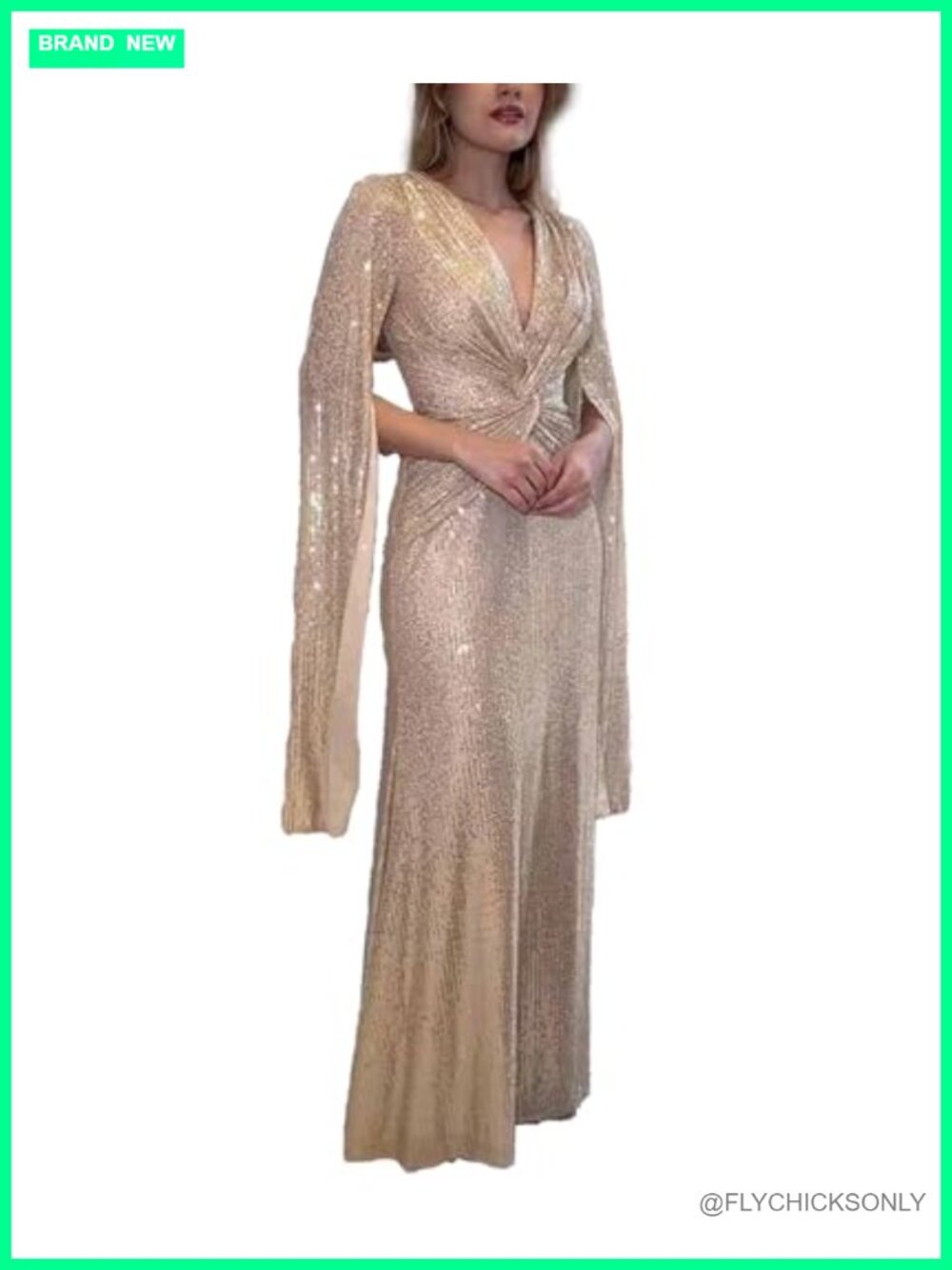 Sequin Prom Dress Cape Sleeve V Neck Twist Knot Maxi Gown